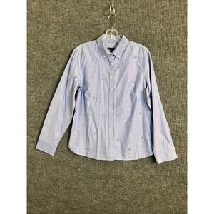 Talbots Womens Button Up Oxford Shirt Size 10 Blue Beaded Long Sleeve Office